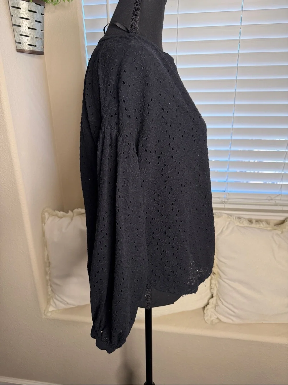 Free People Maddison Oversized Black Eyelet Button-Front Blouse- Boho Chic